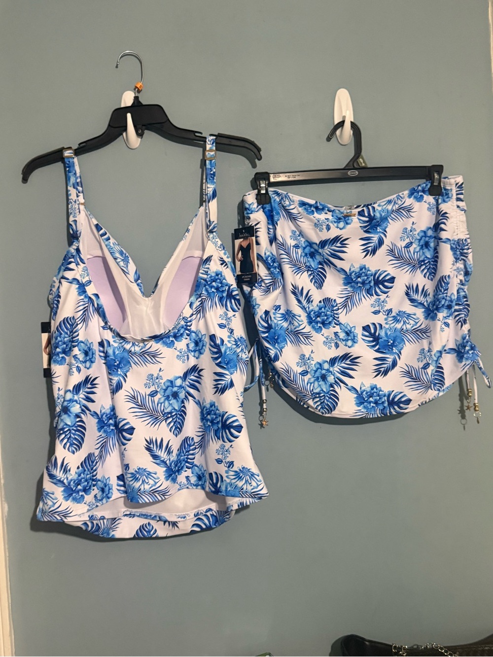 Nicole Miller White and Blue Floral Tankini Top with Skirt - Picture 4 of 10